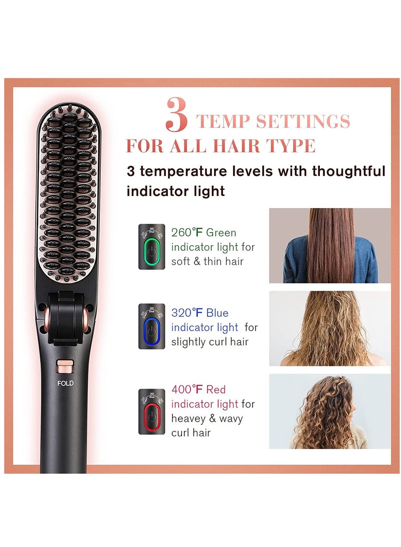 Hair Straightener Brush, Foldable Hair Straightener  Hair Curler with Built-in Comb, 3 Temp Settings, 2-in-1 Hair Straightener Brush for Hair Salon Results, Perfect for Travel(Black) - Image 3